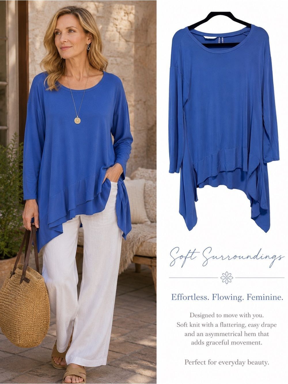 Soft Surroundings- Women's Blue Tunic Tshirt Blouse with Ruffle Hem, Size Medium